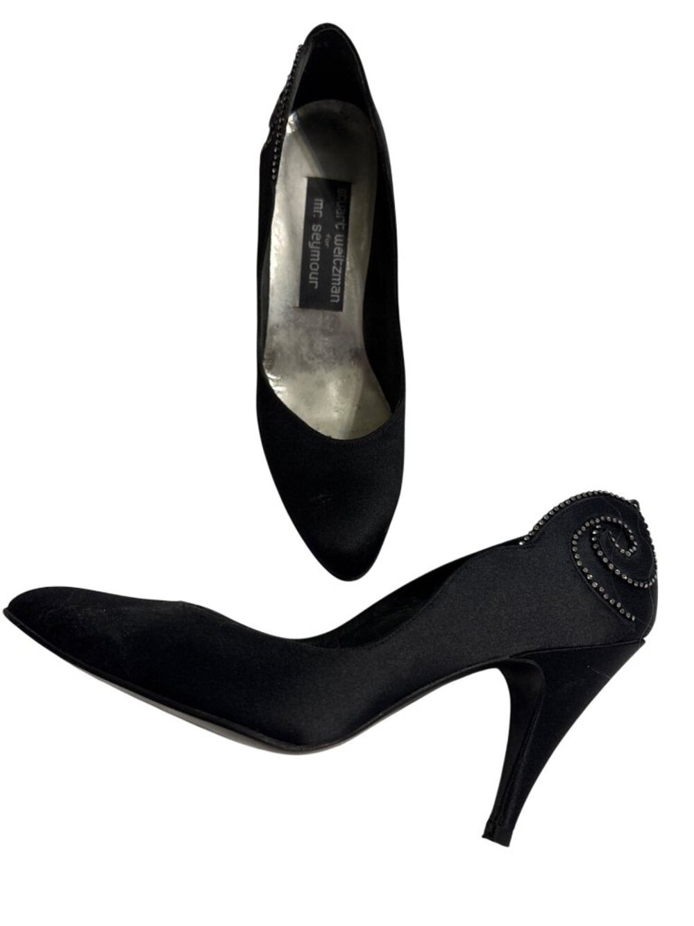 Mr. Seymour Black Satin Heels With Rhinestone Detail Size 6.5 Made In Spain